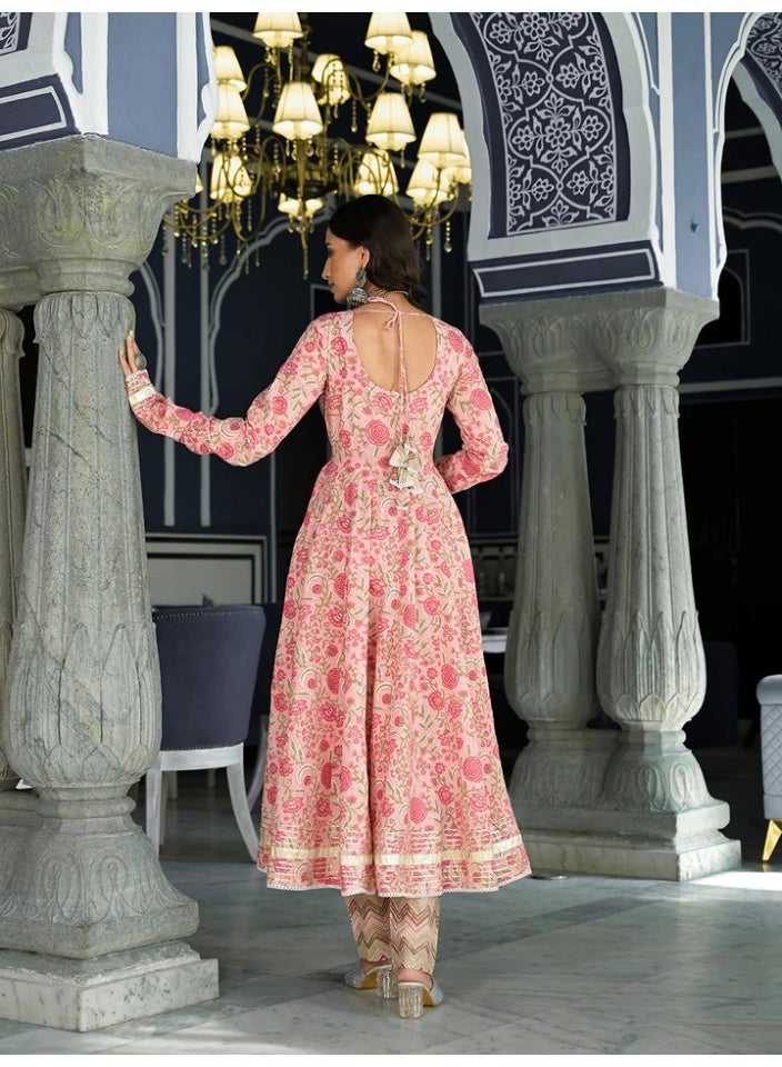 Divena Pink Floral Hand Block Print Pure Cotton Anarkali Kurta Set with Gota Embellishment - Image 2