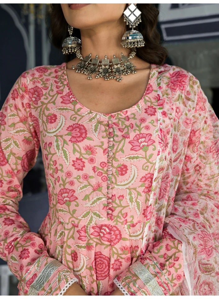 Divena Pink Floral Hand Block Print Pure Cotton Anarkali Kurta Set with Gota Embellishment - Image 5