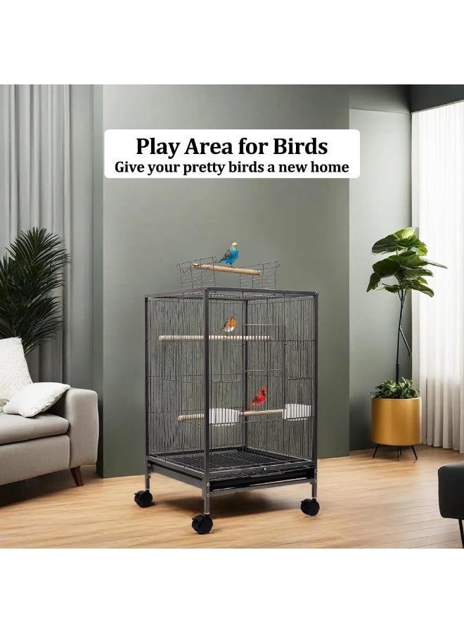 أن ان سي بيتس قفص طيور كبير مفتوح من الأعلى مع صينية قابلة للإزالة، عجلات دوارة، وأوعية تغذية، مكان واسع للجلوس للطيور المحبة والببغاوات والطيور الصغيرة الأخرى، 79 سم (أسود) - Image 1