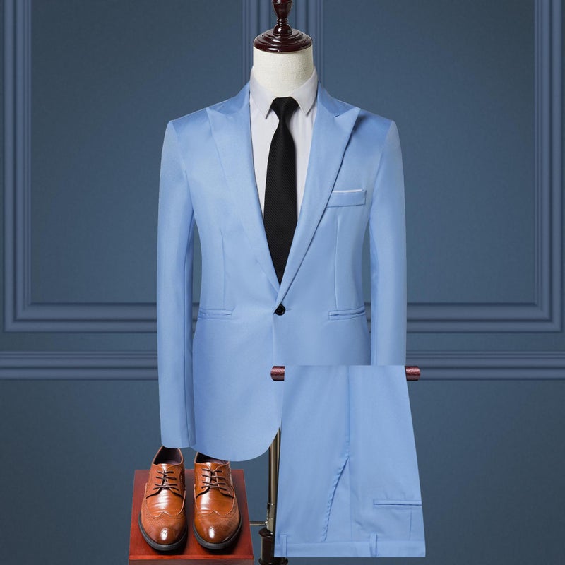 Cross-border foreign trade mens suit suit mens European and American fashion solid color business leisure suit two-piece one generation sky blue - Image 1