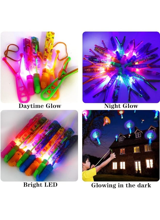 JX - JX Rocket Slingshot Flying Toys with Led Lights,12Pcs LED Arrow Helicopters + 12Pcs Launchers,Summer Outdoor Game LED Slingshot Toy for Kids, Glow in The Dark Kids Party Supplies - Image 1