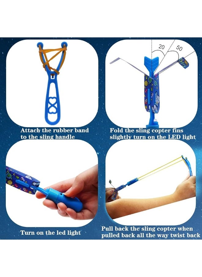 JX - JX Rocket Slingshot Flying Toys with Led Lights,12Pcs LED Arrow Helicopters + 12Pcs Launchers,Summer Outdoor Game LED Slingshot Toy for Kids, Glow in The Dark Kids Party Supplies - Image 1