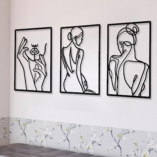 CHENGU 3 Pieces Metal Minimalist Abstract Woman Wall Art Line Drawing Wall Art Decor Single Line Female Home Hanging Wall Art Decor for Kitchen Bathroom Living Room BlackBack and Hand