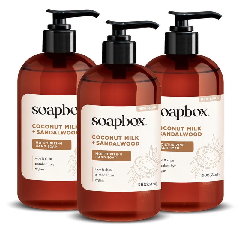 Soapbox Liquid Hand Soap, Coconut Milk & Sandalwood, Gentle & Moisturizing Hand Wash for Kitchen and Bathroom, Vegan & Cruelty Free Scented Hand Soap 12 Ounce Pump Bottles (Pack of 3) - Image 1