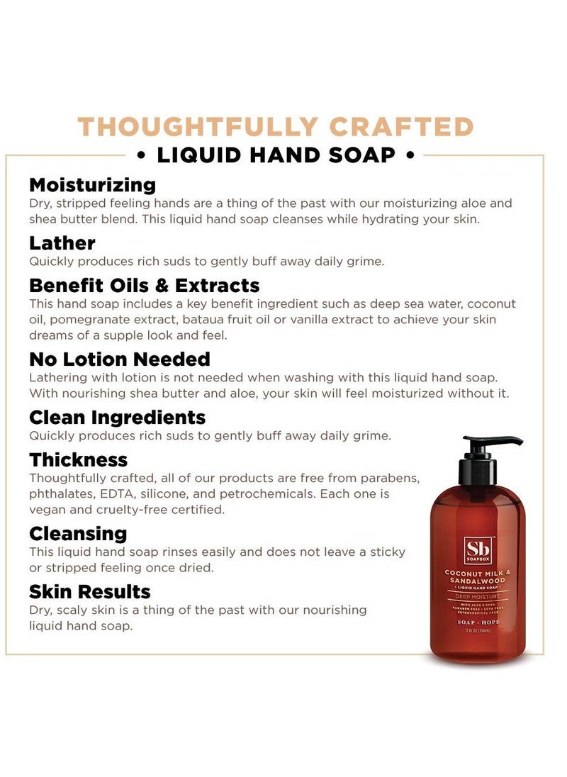 Soapbox Liquid Hand Soap, Coconut Milk & Sandalwood, Gentle & Moisturizing Hand Wash for Kitchen and Bathroom, Vegan & Cruelty Free Scented Hand Soap 12 Ounce Pump Bottles (Pack of 3) - pzsku/Z8657FF9F2E6897EFB62AZ/45/_/1740598388/2ebd075a-c58d-4e4b-8095-61e274286d90