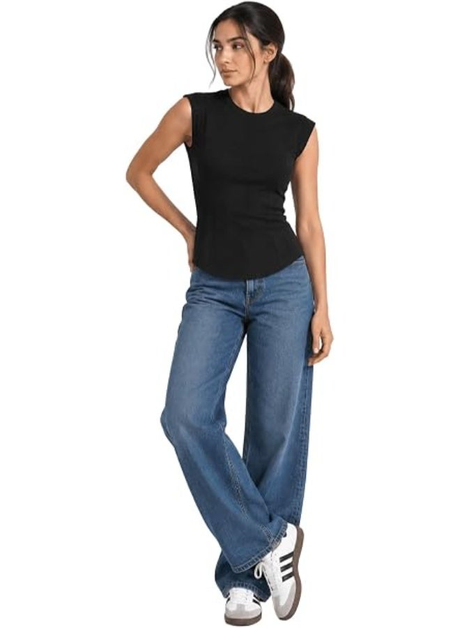 Nileton Women’s Basic Top Ribbed Knit – Crew Neck Basic T-sho- Cap Sleeve Cotton Stretch Fitted T-shirts For Women - Stretchy Slim Fit Casual Tee - Image 2