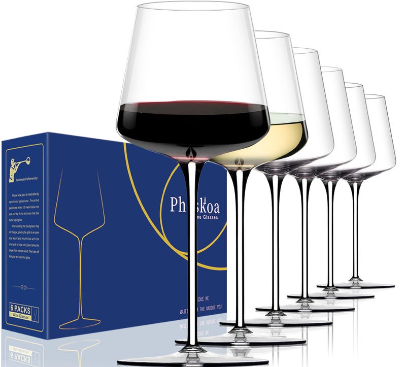 Physkoa White Red Wine Glasses Set of 6  18oz ClearHand Blown Crystal Wine Glass  Tall Long Stem Modern Wine Glasses  Square Wine Glass with flat bottom  Unique gifts for WeddingBrithdayanniversary