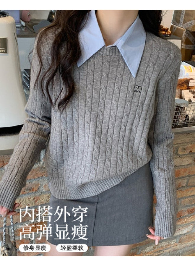 Modal Preppy Style Retro Cable Knit Sweater, Round Neck Pullover, Versatile Casual Age-Reducing Slim-Fitting Base Layer Top For Women - Image 1