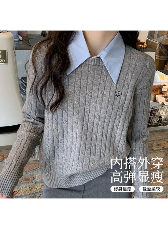 Modal Preppy Style Retro Cable Knit Sweater, Round Neck Pullover, Versatile Casual Age-Reducing Slim-Fitting Base Layer Top For Women - Image 2