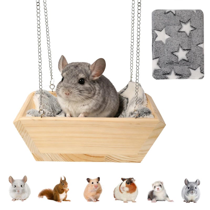 Hollima Large Wooden Hanging Bed with Soft Plush Mat for Chinchilla, Hammock for Rat Cage, Guinea Pig Ferret Swing, Small Animal Cage Accessories Resting Nest - Image 1