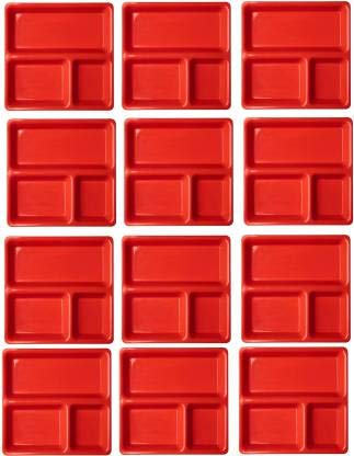 Everbuy 3 in1 Food-Grade Virgin (Microwave-Safe) Pav Bhaji Plate, Set of 12, Color-Red (Made in India) - Image 3