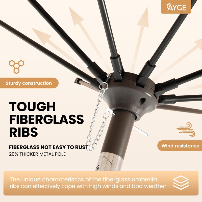 Ayge 9FT Large Outdoor Patio Umbrella Market Table Umbrella-UV Resistant, Easy Push Button Tilt and Crank, 8 Sturdy Fiberglass Ribs Heavy-Duty Pool Umbrella for Deck, Backyard,Garden,Beige - Image 4