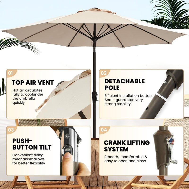 Ayge 9FT Large Outdoor Patio Umbrella Market Table Umbrella-UV Resistant, Easy Push Button Tilt and Crank, 8 Sturdy Fiberglass Ribs Heavy-Duty Pool Umbrella for Deck, Backyard,Garden,Beige - Image 3