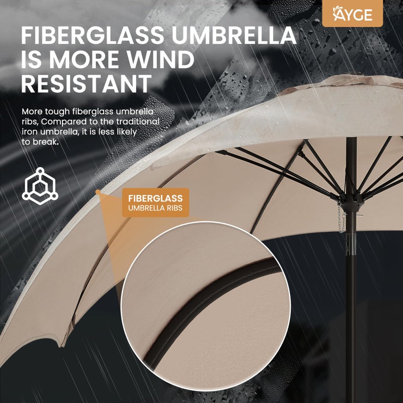 Ayge 9FT Large Outdoor Patio Umbrella Market Table Umbrella-UV Resistant, Easy Push Button Tilt and Crank, 8 Sturdy Fiberglass Ribs Heavy-Duty Pool Umbrella for Deck, Backyard,Garden,Beige - Image 2