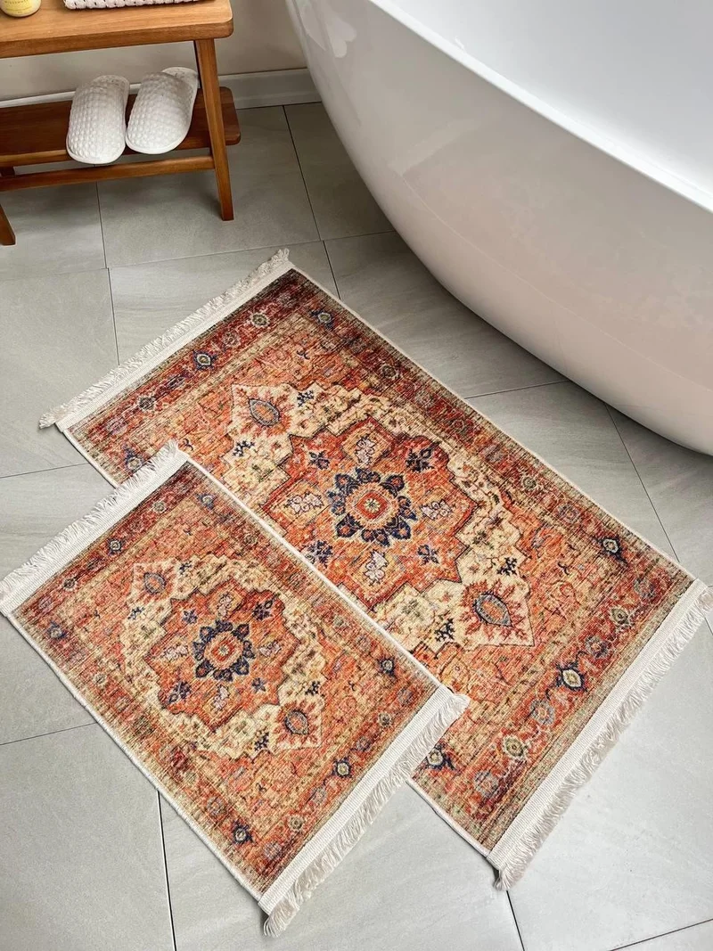 Bluenity Ethnic Digital/chenille Non-Slip 2-Piece Bathroom Mat Set 60 x 100+40 x 60 cm - Multicolour