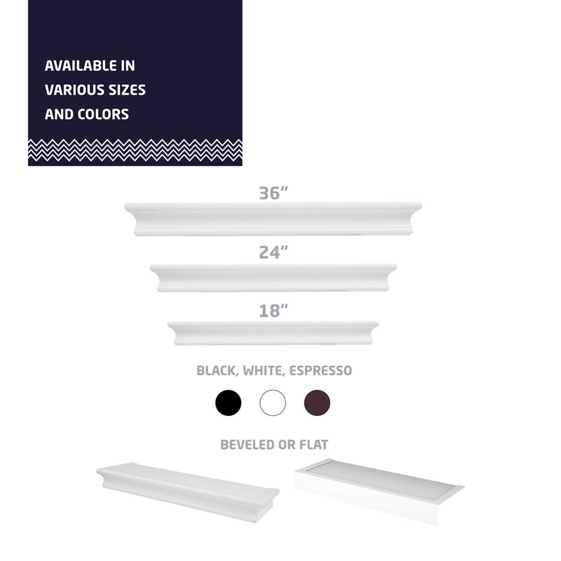 HIGH & MIGHTY Decorative 18" Floating Shelf Holds up to 15 lbs, Easy Tool-Free Dry Wall Installation, Beveled, White | 515654 - Image 5
