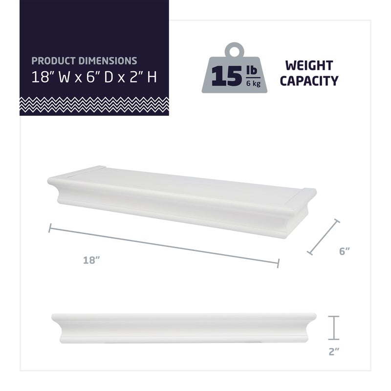 HIGH & MIGHTY Decorative 18" Floating Shelf Holds up to 15 lbs, Easy Tool-Free Dry Wall Installation, Beveled, White | 515654 - Image 2