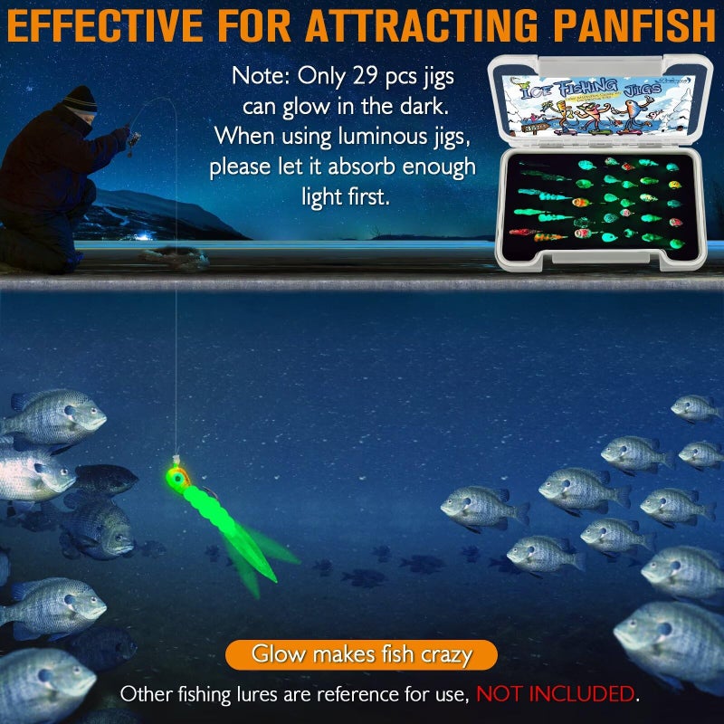 Dovesun Ice Fishing Jigs Kit Glow in The Dark Fishing Gear Lures 35 Pcs Ice Jig Head with Tackle Box for Panfish Walleye Crappie Perch Bluegil Trout - Image 4