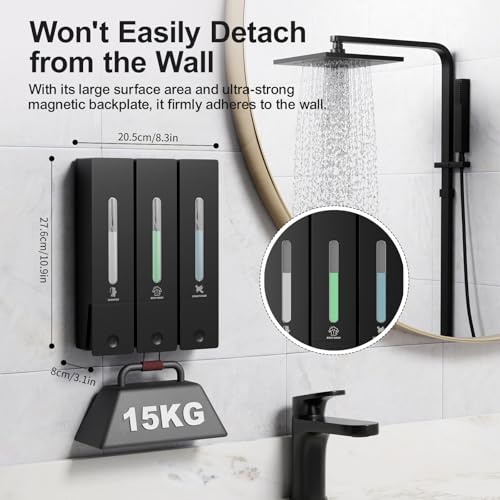 Aeakey Shampoo and Conditioner Dispenser - Wall-Mounted 3-Chamber Shower Soap Dispenser, No-Drill, 1200ML Capacity, for Bathroom & Hotel - Image 5