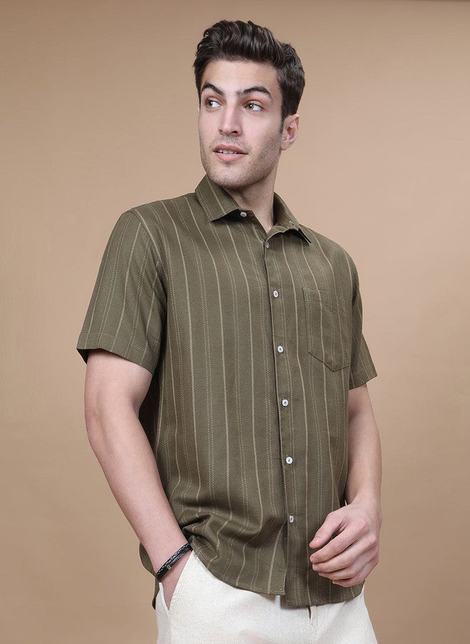 Hence Men Vertical Striped Spread Collar Cotton Casual Shirt - Image 3