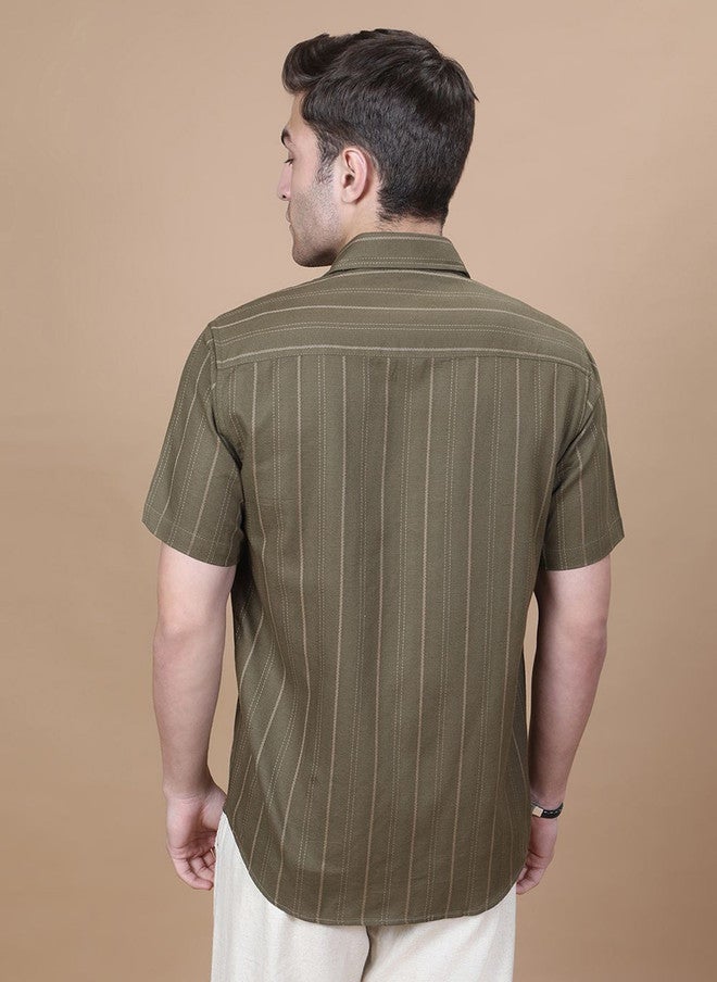 Hence Men Vertical Striped Spread Collar Cotton Casual Shirt - Image 5