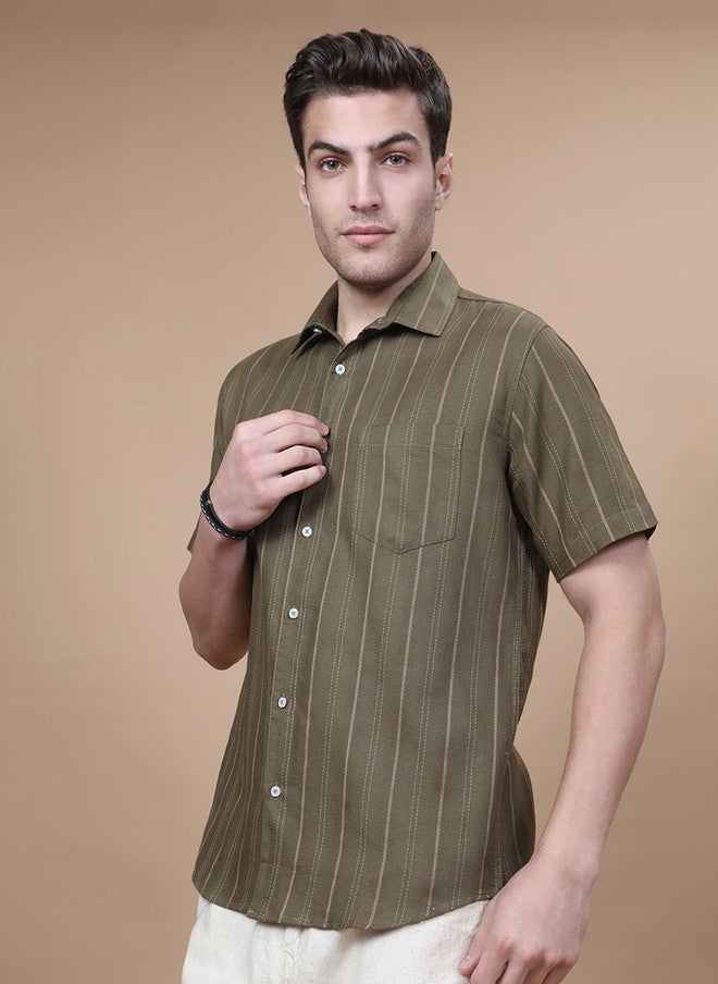 Hence Men Vertical Striped Spread Collar Cotton Casual Shirt - Image 4