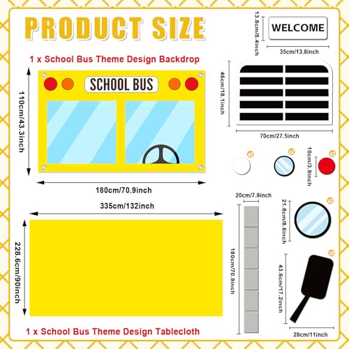 CHUNNIN 2Pcs School Bus Party Decorations First Day of Backdrop and Tablecloths with Cards Large Yellow Bus Table Cover and Banner for Kids Students Kindergarten Classroom Party Supplies Favors - Image 2