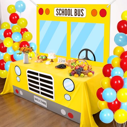 CHUNNIN 2Pcs School Bus Party Decorations First Day of Backdrop and Tablecloths with Cards Large Yellow Bus Table Cover and Banner for Kids Students Kindergarten Classroom Party Supplies Favors - Image 1