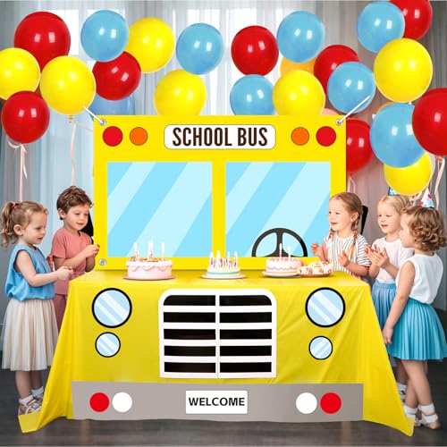 CHUNNIN 2Pcs School Bus Party Decorations First Day of Backdrop and Tablecloths with Cards Large Yellow Bus Table Cover and Banner for Kids Students Kindergarten Classroom Party Supplies Favors - Image 5