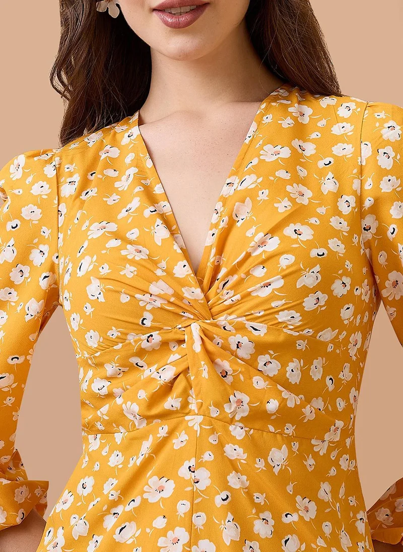 Globus Yellow Globus Women V-Neck Floral Print Twisted Bishop Sleeve Playsuit for Women | Best Price UAE