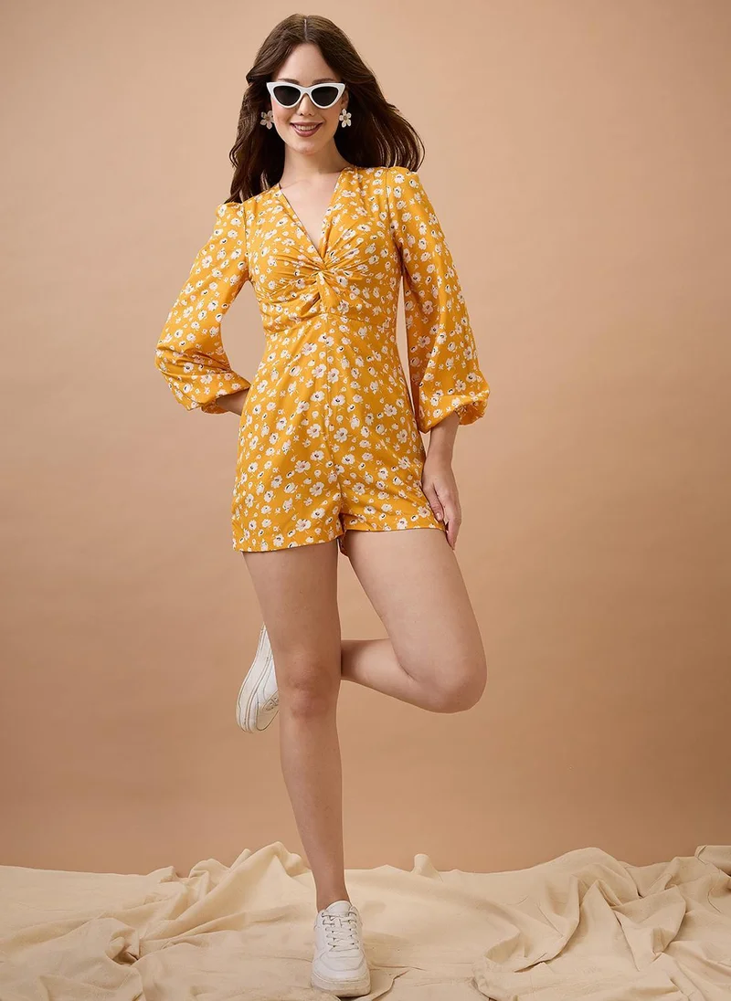 Globus Yellow Globus Women V-Neck Floral Print Twisted Bishop Sleeve Playsuit for Women | Best Price UAE