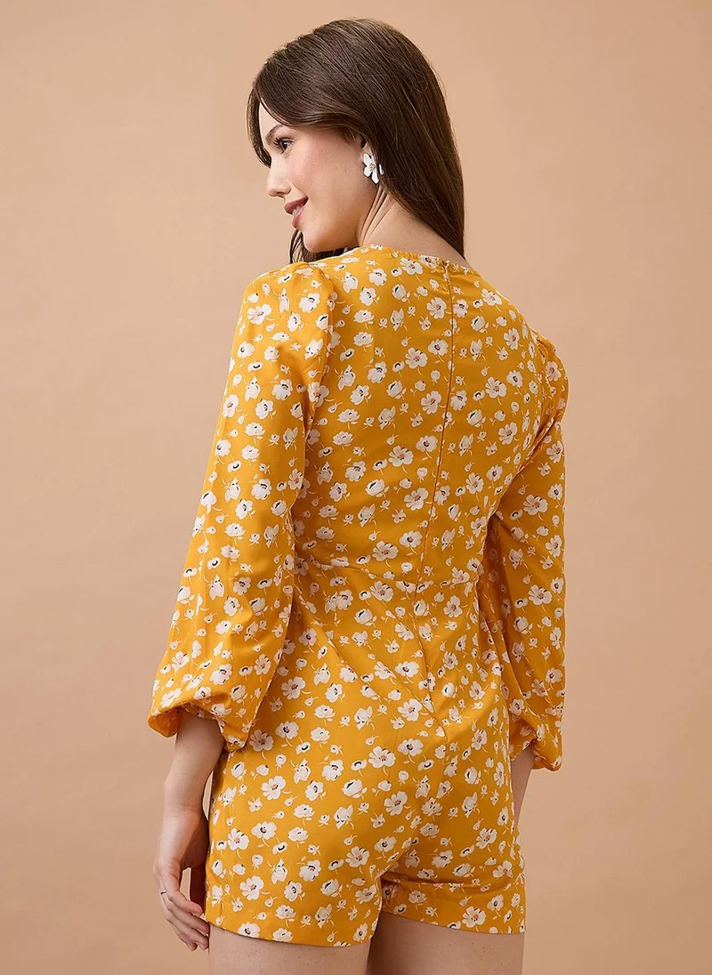 Globus Yellow Globus Women V-Neck Floral Print Twisted Bishop Sleeve Playsuit for Women | Best Price UAE