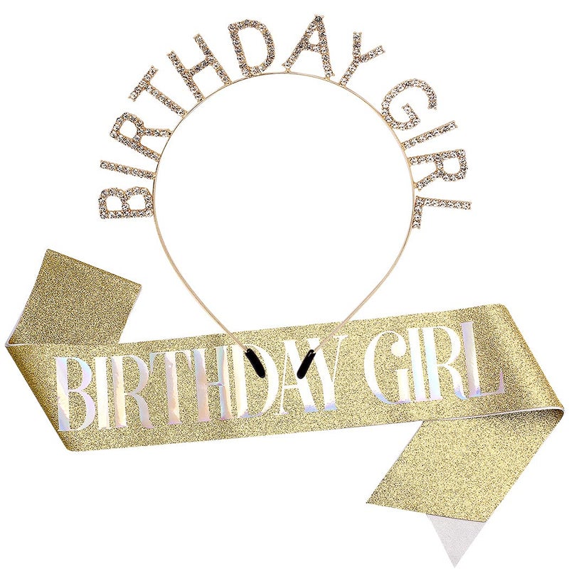AOPRIE Birthday Crown for Women with Sash Gold White Happy Birthday Tiara for Women Girl Headband Princess Crown Rhinestone Accessories - Image 1