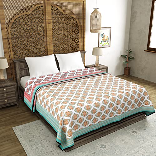 BLOCKS OF INDIA بلوكز أوف إنديا - قطن مطبوع بالكتل يدوياً بحجم كينج، دوهر قابل للعكس بنقوش تركواز (نقوش عكسية) - Image 2