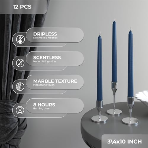 CANDWAX 10 inch Tapered Candles - Set of 12 Dripless Unscented Candlesticks - Perfect for Dinner and Decor Use - Dark Blue - Image 3