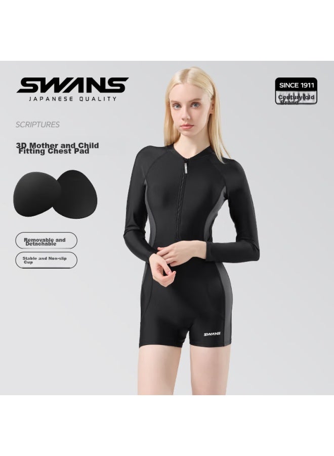 Speed Vision Swans Women's Conservative Long-sleeve Square-leg Swimsuit, Hot Spring Professional Quick-dry One-piece Swimming And Surfing Suit, Size L - Image 4