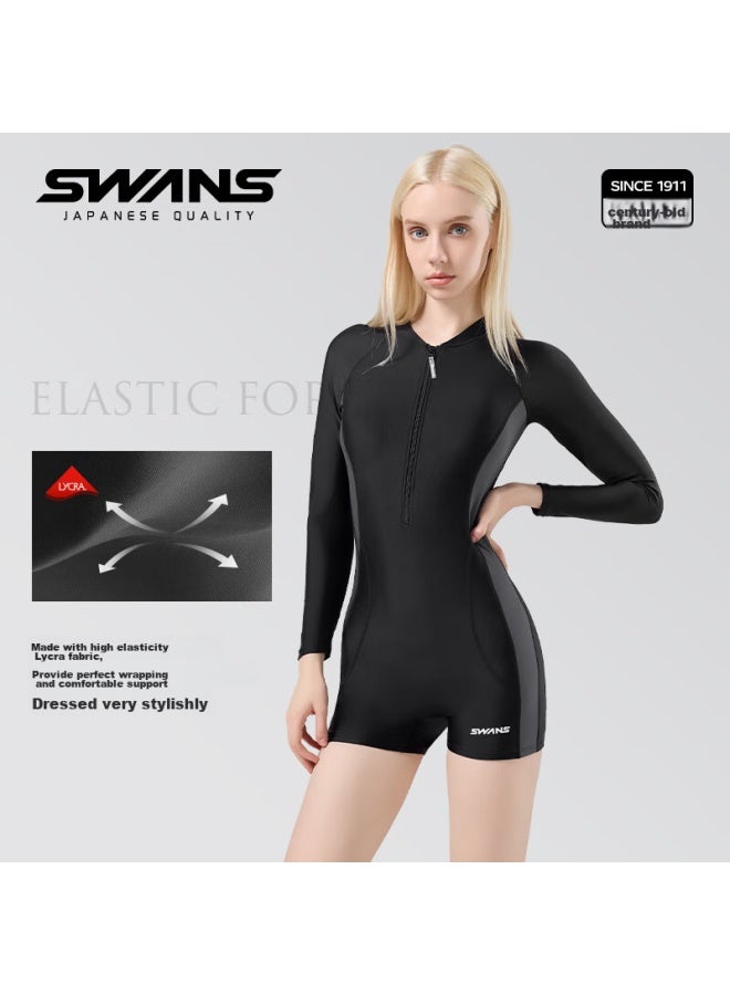 Speed Vision Swans Women's Conservative Long-sleeve Square-leg Swimsuit, Hot Spring Professional Quick-dry One-piece Swimming And Surfing Suit, Size L - Image 2
