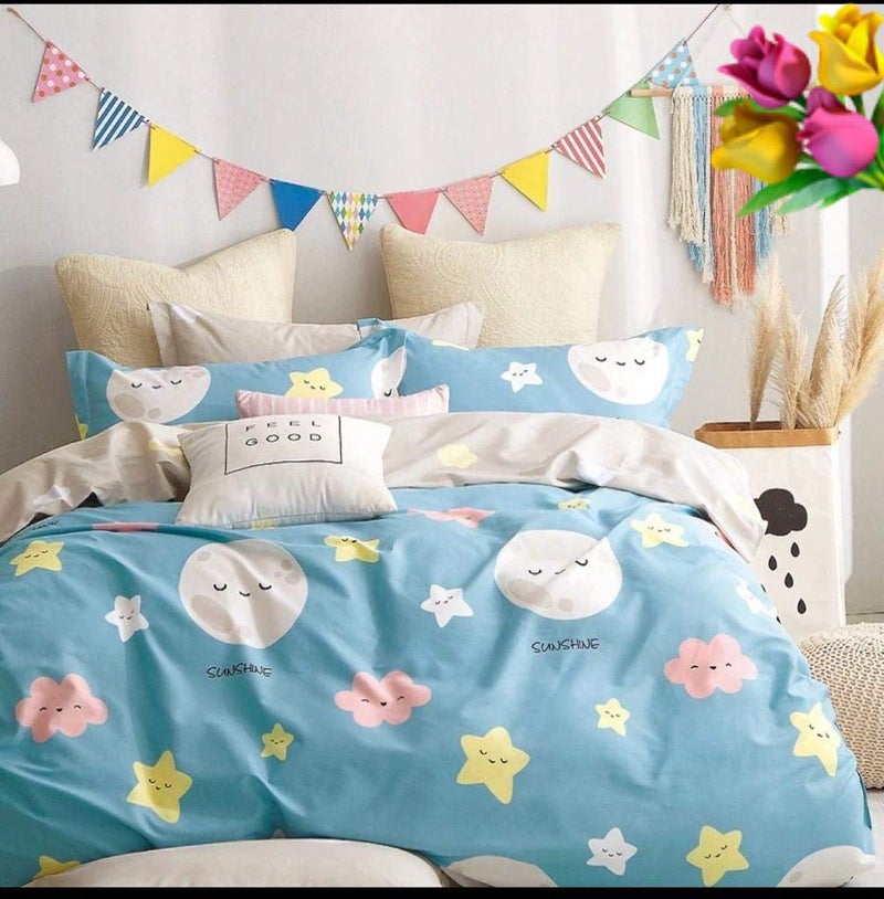 Anjali Overseas 200 GSM 400 TC Kids Glace Cotton Reversible Cartoon Printed Double Bed King Size Comforter with Matching Bedsheet 90 100 with 2 Pillow Covers Set of 4 Pieces Design 7 