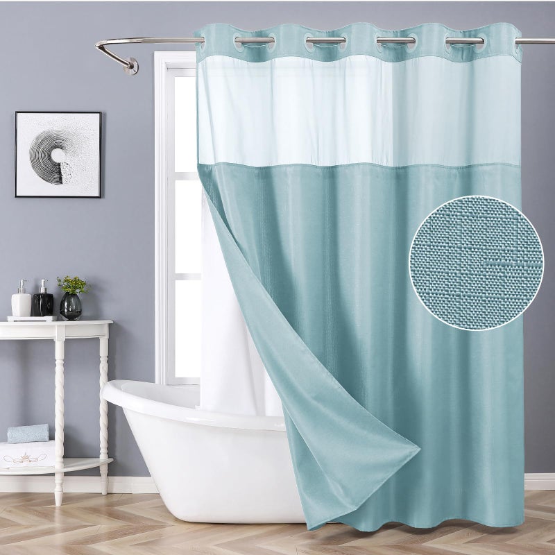 eachope Teal No Hook Shower Curtain with Snap-in Fabric Liner Set,Slub Textured Fabric Shower Curtains for Bathroom,Hotel Style Modern Shower Curtain,Water Repellent & Washable,71x74(72) - Image 1
