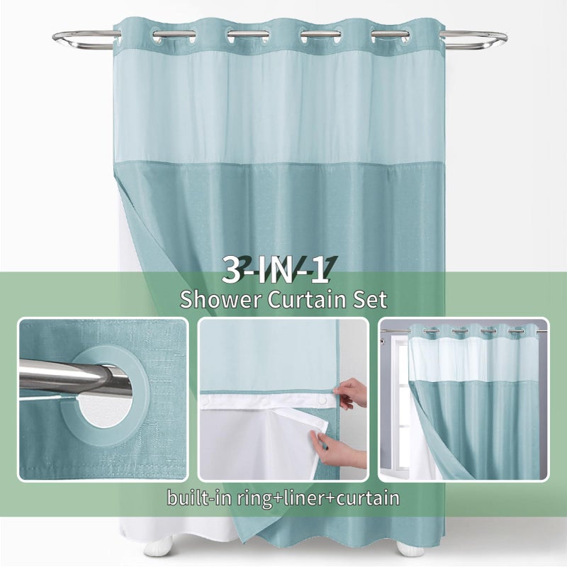 eachope Teal No Hook Shower Curtain with Snap-in Fabric Liner Set,Slub Textured Fabric Shower Curtains for Bathroom,Hotel Style Modern Shower Curtain,Water Repellent & Washable,71x74(72) - Image 2