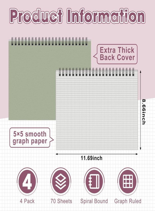 Resurhang 4 Pcs 8.66 x 11.69 Inch Top Bound Spiral Notebooks Horizontal A4 Office Steno Book 5mm-Squared Durable Spiral White Paper 70 Sheets for Business (Morandi) - Image 2