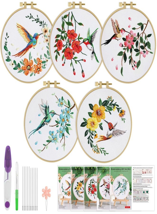 ERKOON 4 Sets Embroidery Kit for Beginners,Hummingbird and Flower Cross Stitch Set for Include Embroidery Cloth Hoops Threads for Craft Lover Hand Stitch with Embroidery Skill Techniques - Image 1
