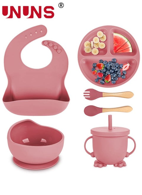 Silicone Feeding Meal Set,Set Of 5 Baby Led Weaning Supplies,Silicone Suction Bowls Divided Plates And Sippy,Toddler Self Feeding Eating Utensils Set With Bib,Spoons,Fork