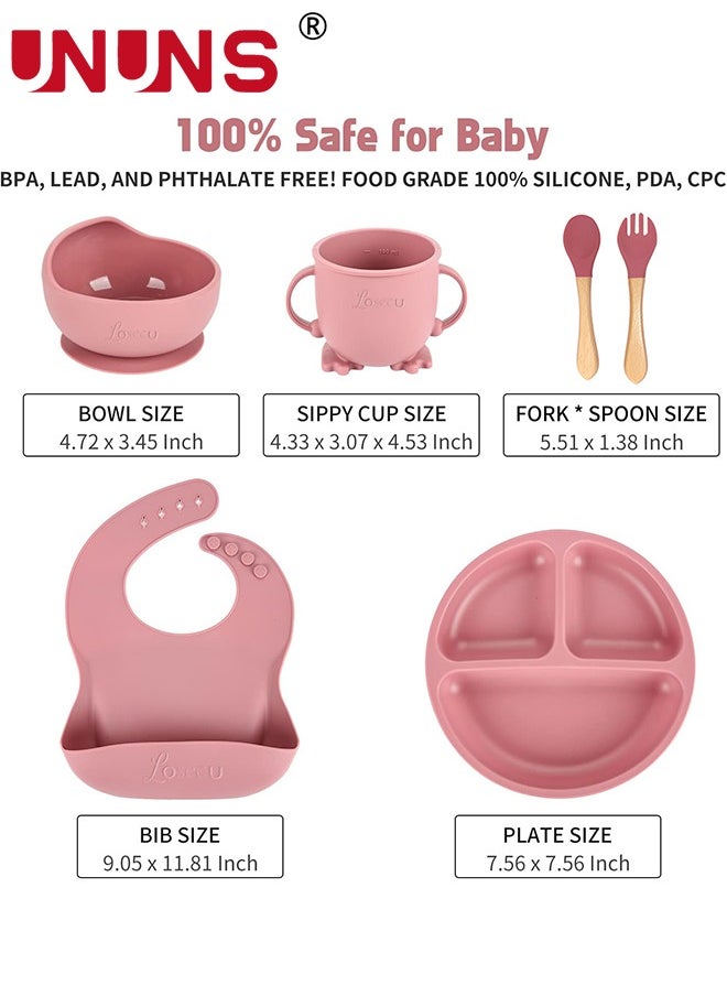 Silicone Feeding Meal Set,Set Of 5 Baby Led Weaning Supplies,Silicone Suction Bowls Divided Plates And Sippy,Toddler Self Feeding Eating Utensils Set With Bib,Spoons,Fork