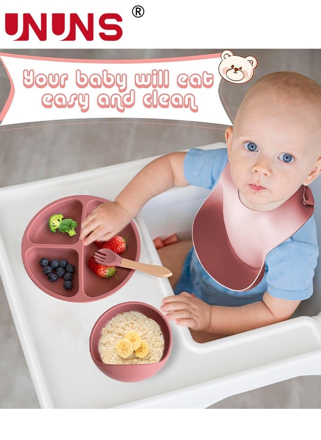 Silicone Feeding Meal Set,Set Of 5 Baby Led Weaning Supplies,Silicone Suction Bowls Divided Plates And Sippy,Toddler Self Feeding Eating Utensils Set With Bib,Spoons,Fork