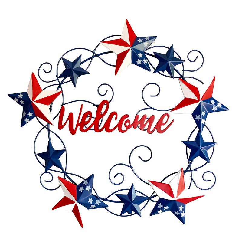 Metal Wall Hanging Wreath with Stars and Stripes 4th of July Outdoor Rustic Americana Front Door Wreath 4th of July Outdoor Hanging Ornament Wall Decor Patriotic Welcome Sign