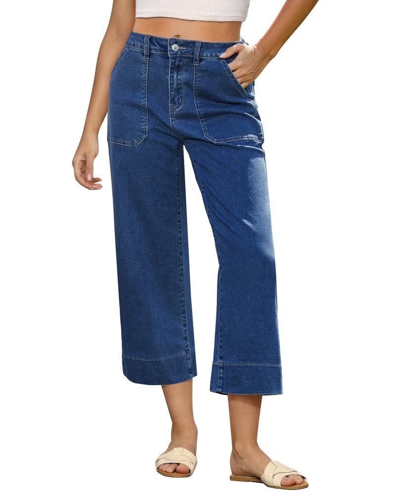 GRAPENT Denim Jeans Summer Casual Women Jeans High Waist Womens Straight Leg High Rise Jean Capris Wide Leg Capris for Women High Waist Capri Pants Stretchy Color Medium Blue Large Size 12 to 14 - Image 1
