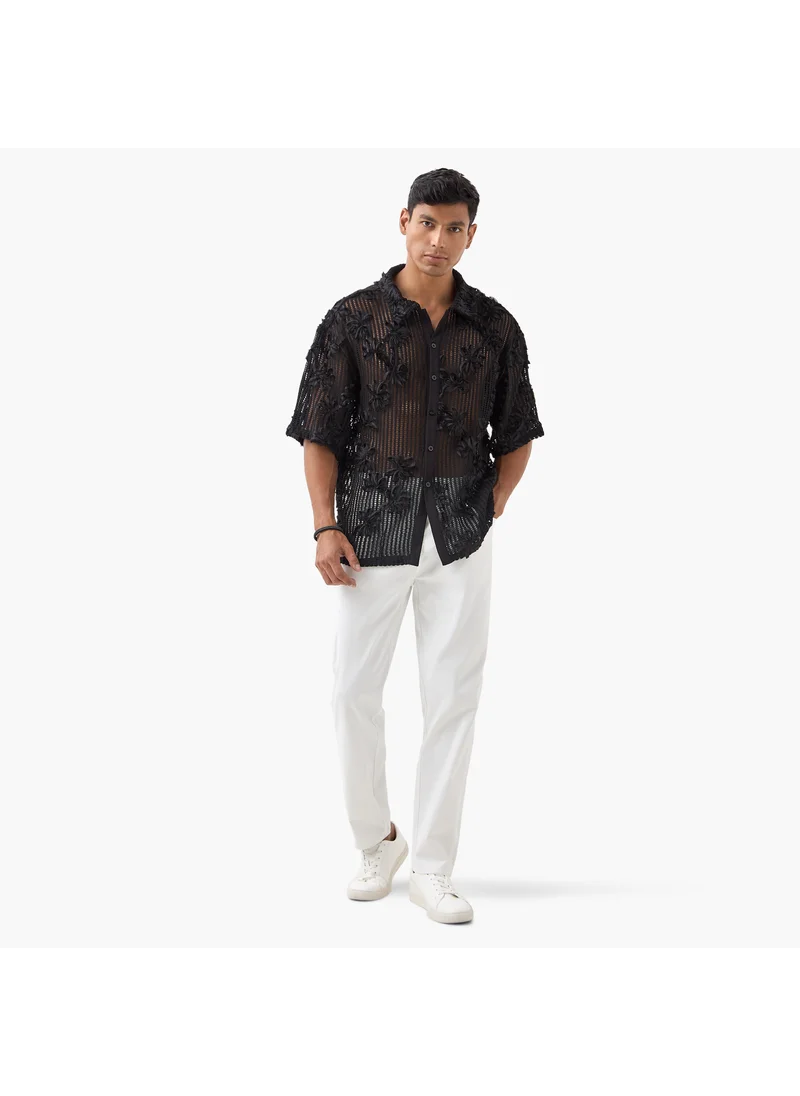 ايكونيك Iconic Regular Fit Floral Embroidered Sheer Shirt with Short Sleeves