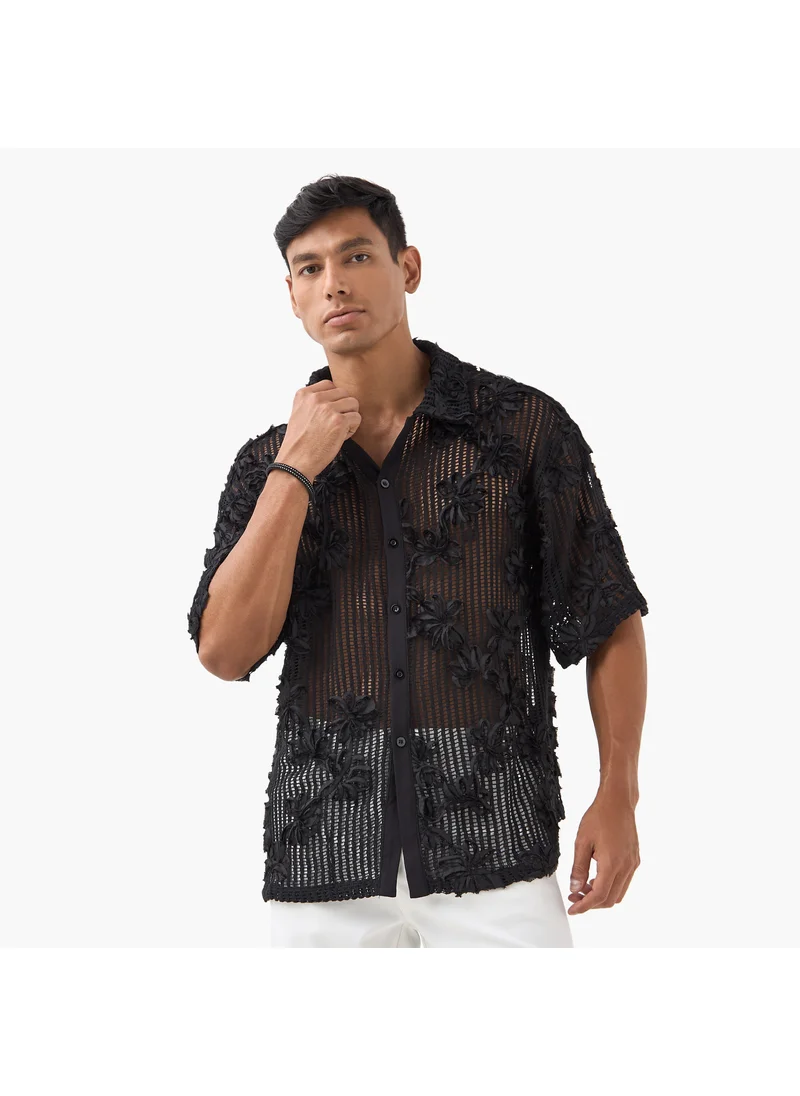 ايكونيك Iconic Regular Fit Floral Embroidered Sheer Shirt with Short Sleeves