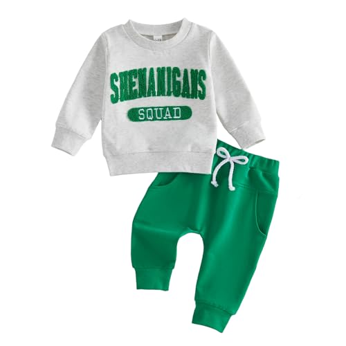 Frietlebird Toddler Baby Boy St Patricks Day Outfit Letters Print Crewneck Sweatshirt with Pants Cute St Patricks Day Baby Boy Outfit (P-Grey Green,18-24 Months) - Image 1